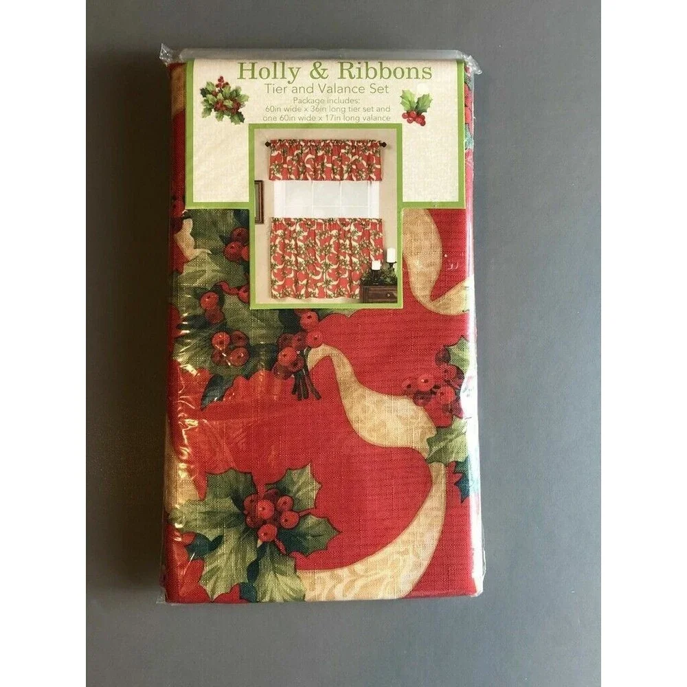 Christmas Holly Ribbons Curtains and Valance Printed Red Holiday 3 Piece Set